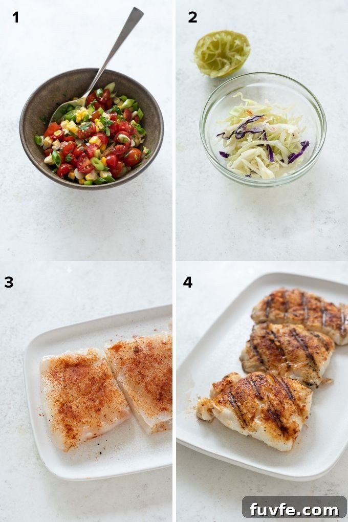 How to make grilled fish tacos with cherry tomato salsa collage