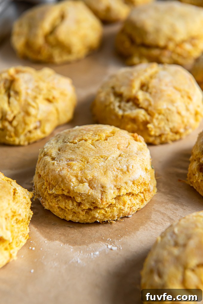 Flaky Southern Sweet Potato Biscuits Recipe 6 Sweet potato biscuits on a parchment lined baking sheet