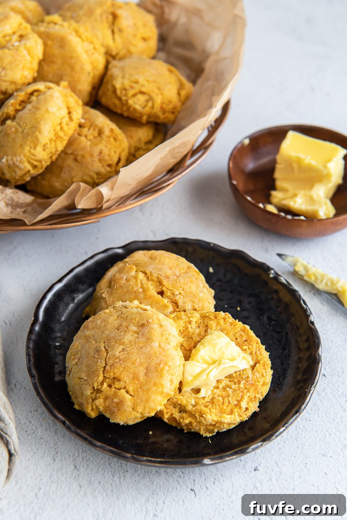 Flaky Southern Sweet Potato Biscuits Recipe 7 Sweet potato biscuits on a plate topped with butter