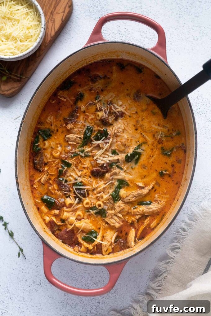 Creamy Marry Me Chicken Soup with Sun Dried Tomatoes 3 Marry me chicken soup in a Dutch oven.