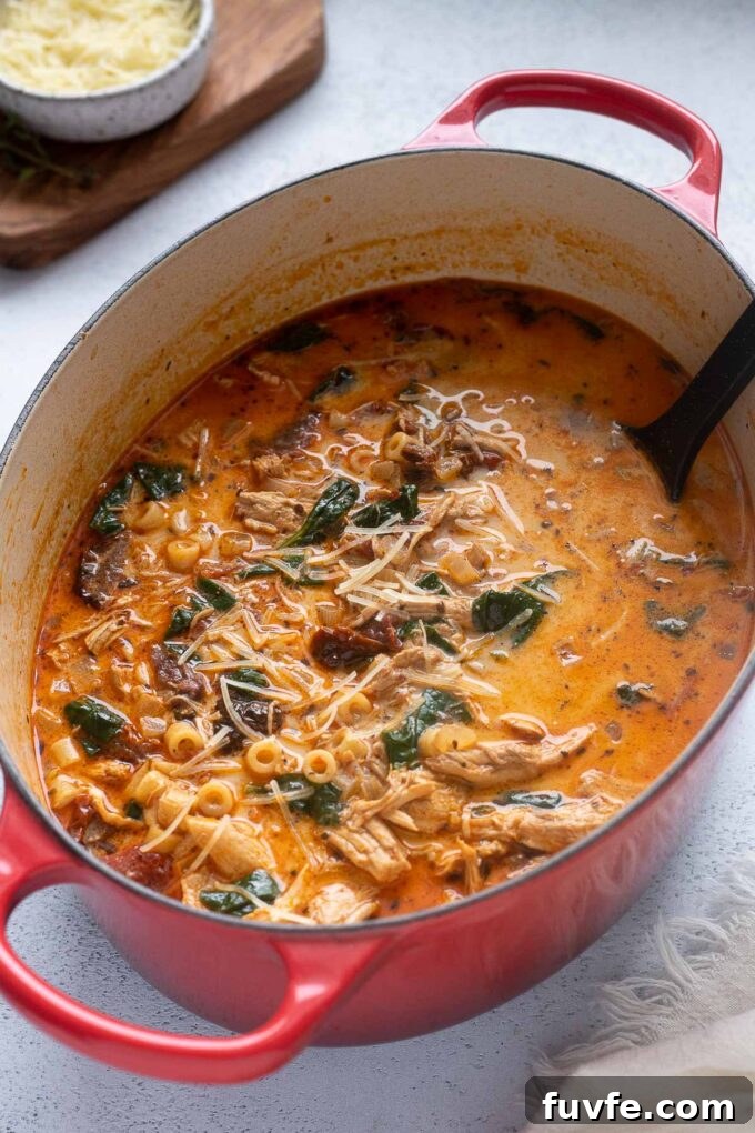 Creamy Marry Me Chicken Soup with Sun Dried Tomatoes 6 Tuscan chicken soup in a Dutch oven.