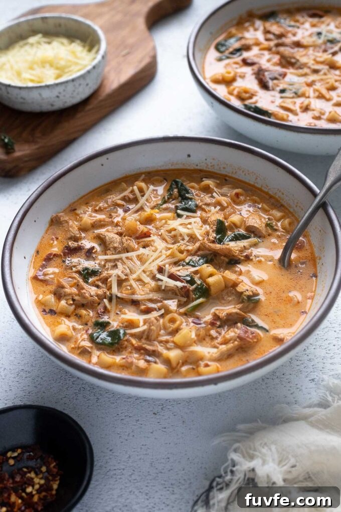 Creamy Marry Me Chicken Soup with Sun Dried Tomatoes 7 Tuscan chicken soup in a bowl with a spoon.