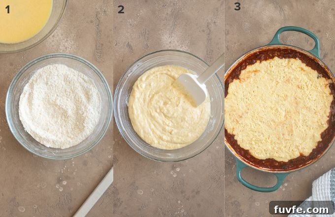 Prepare the cornbread topping and bake the chili cornbread casserole.