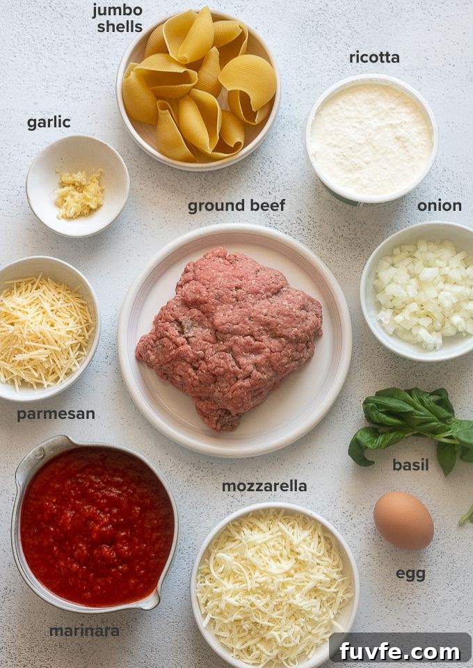 Baked Cheesy Ground Beef Stuffed Shells 4 Stuffed shells with ground meat recipe ingredients.