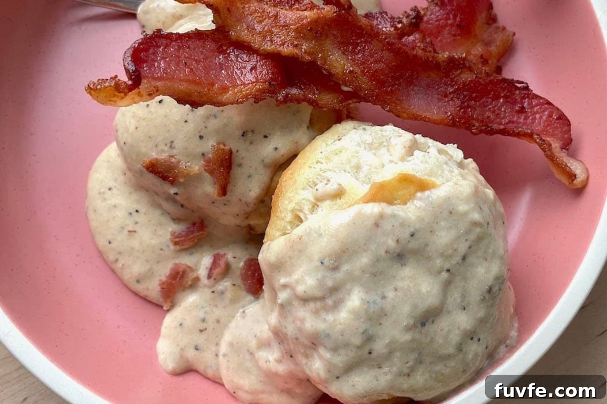 Bacon gravy over biscuits