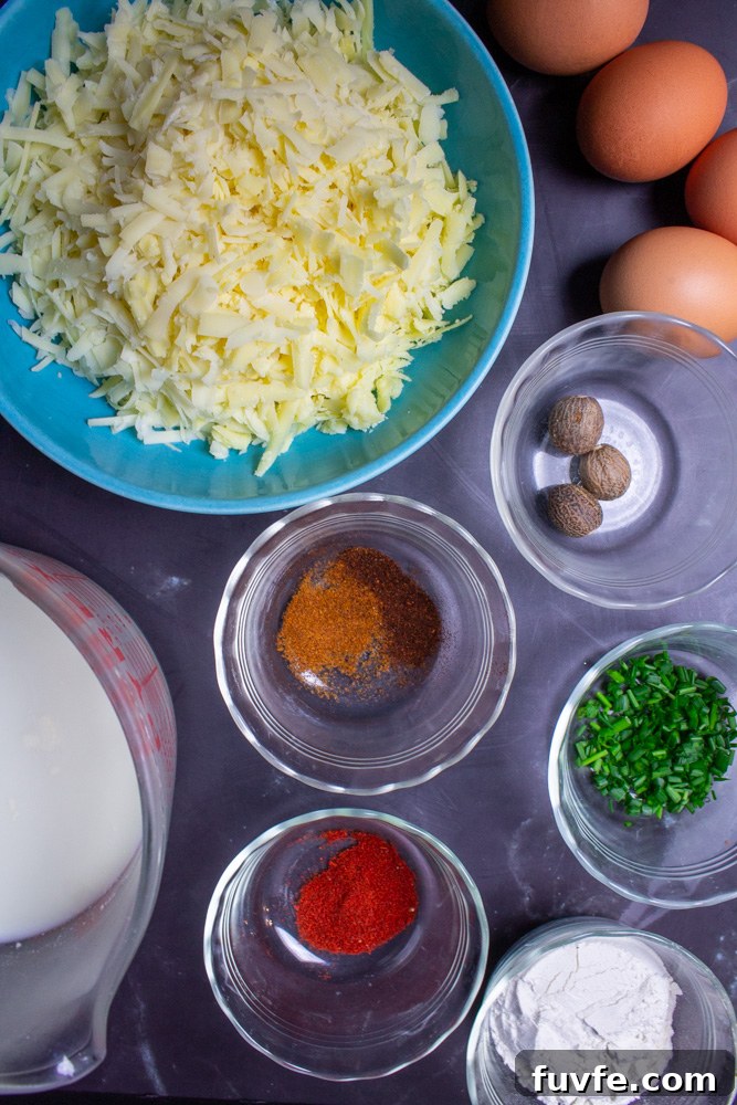 egg souffle ingredients: spices, cheese, milk, herbs, and flour