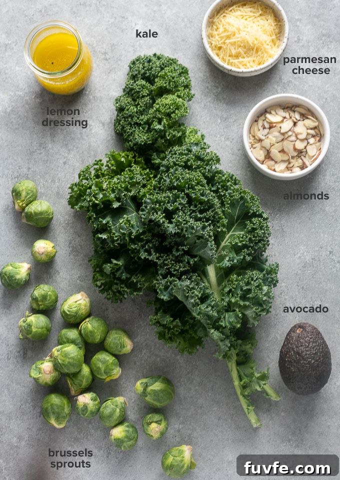 Kale and brussels sprout salad recipe ingredients.