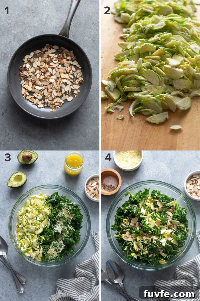 How to make kale salad with shaved brussels sprouts.