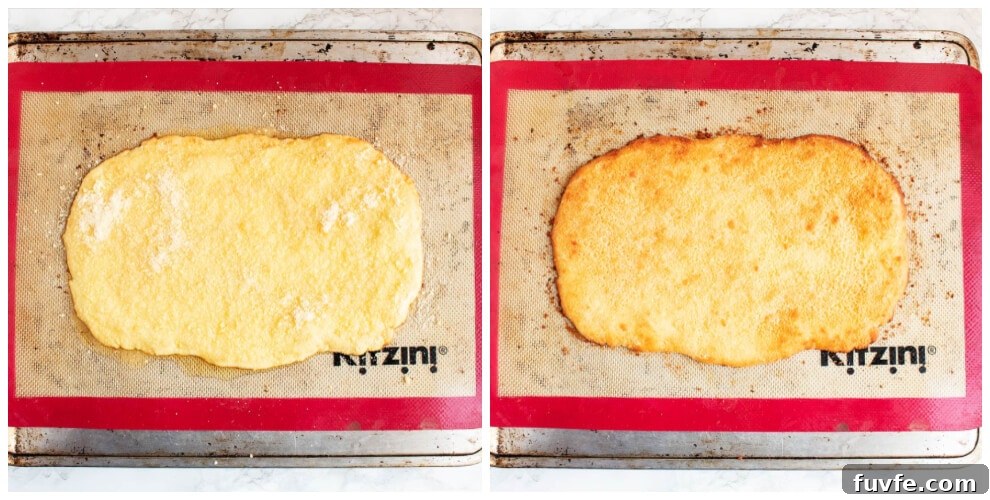 overhead pans with silicone baking mat showing keto flatbread after being fully baked