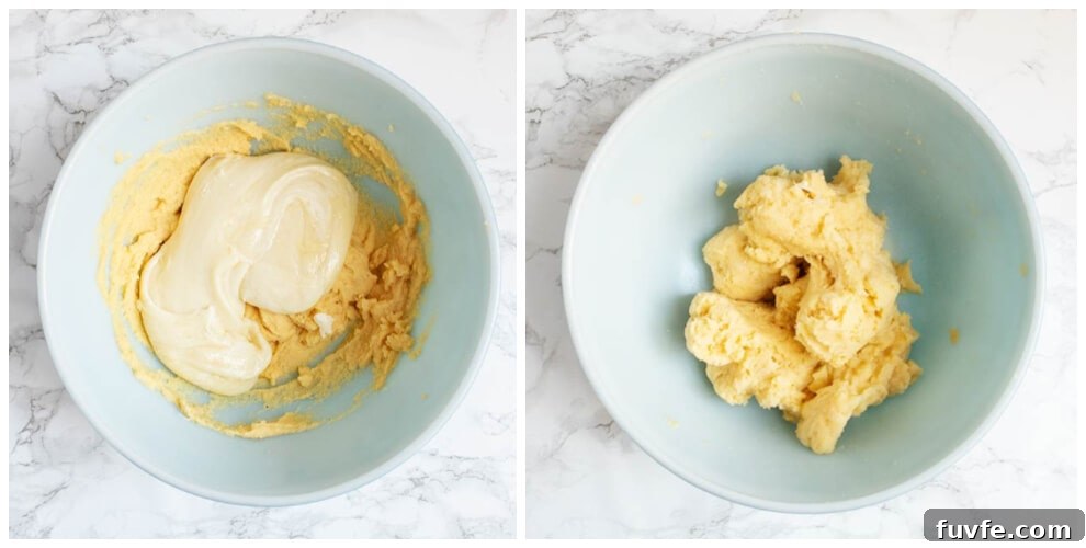 overhead view of cheese and flour in bowls being combined into a dough
