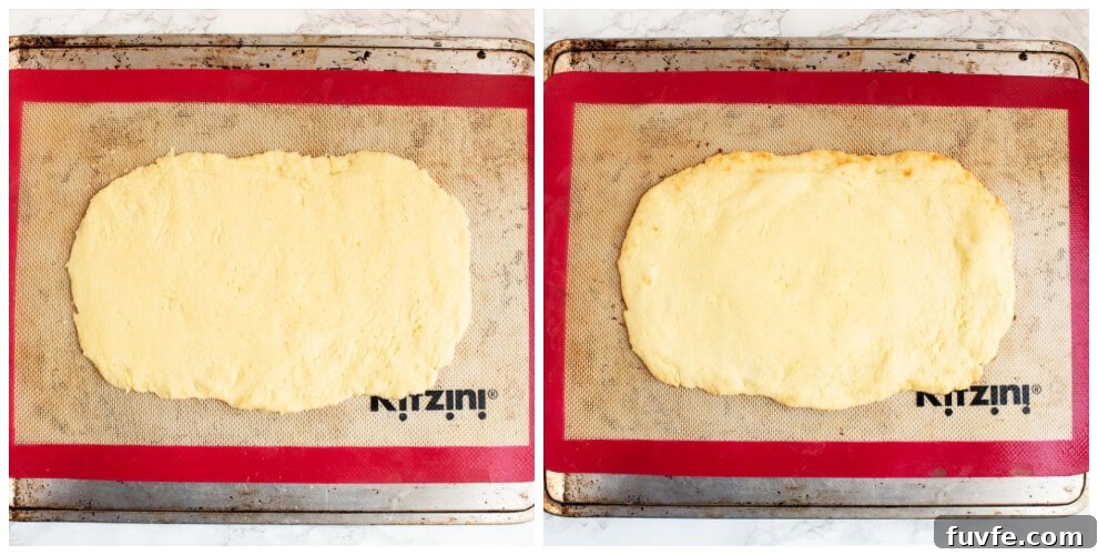 overhead view of pans with dough before and after baking