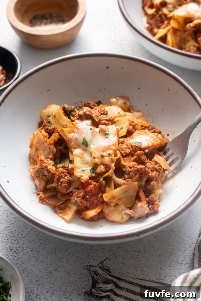 Cabbage and Ground Beef Casserole Without Rice 3 Unstuffed cabbage roll casserole without rice in a bowl.