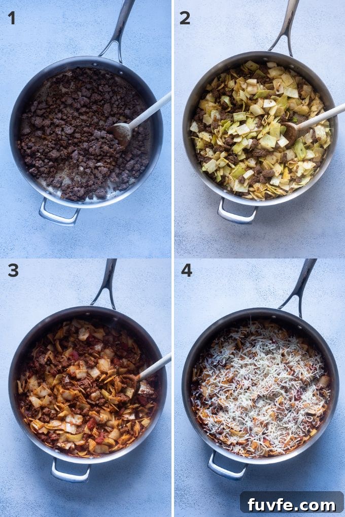 Cabbage and Ground Beef Casserole Without Rice 5 Photo collage showing how to make unstuffed cabbage roll casserole without rice.