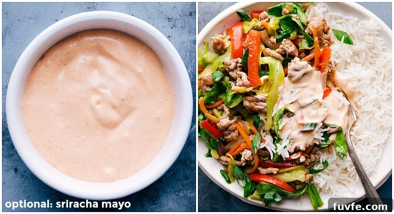 Bowl of optional sriracha mayo sauce to complement the dish, adding a spicy kick.