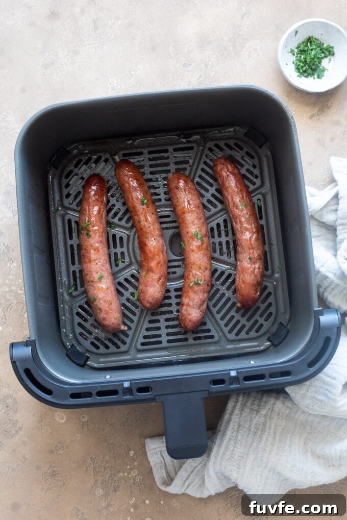 Cooked sausage in the air fryer.