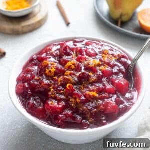 Port cranberry sauce in a bowl with a spoon.