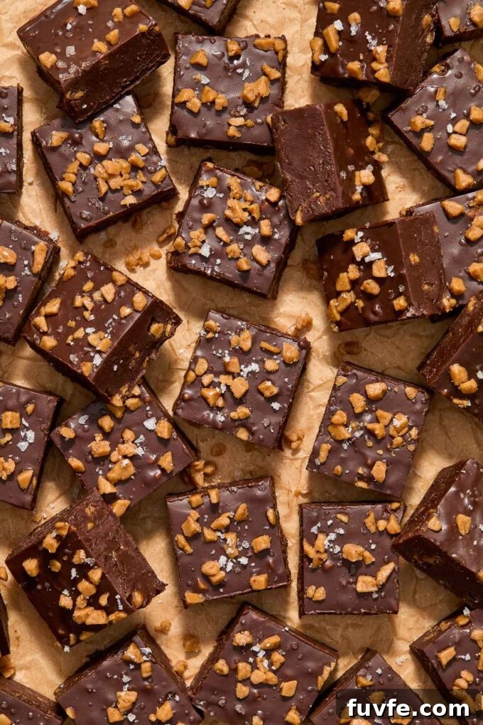 Easy dark chocolate fudge with toffee bits.