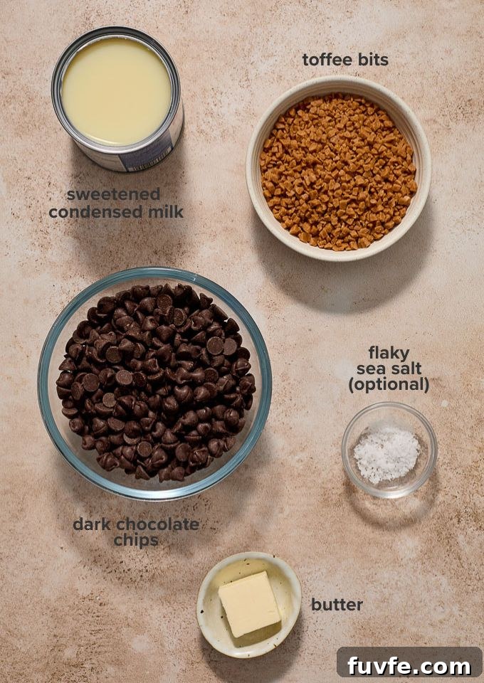 Dark chocolate fudge recipe ingredients.