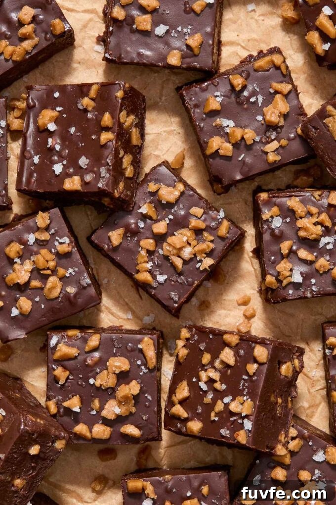 Dark chocolate fudge with toffee bits and sea salt.