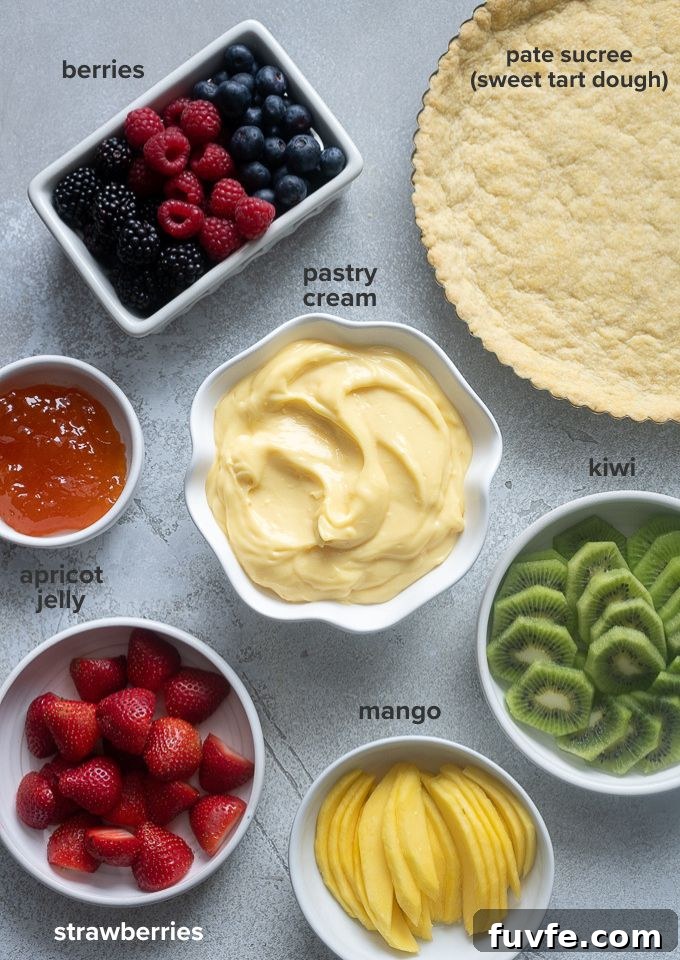 Fresh fruit tart recipe ingredients.