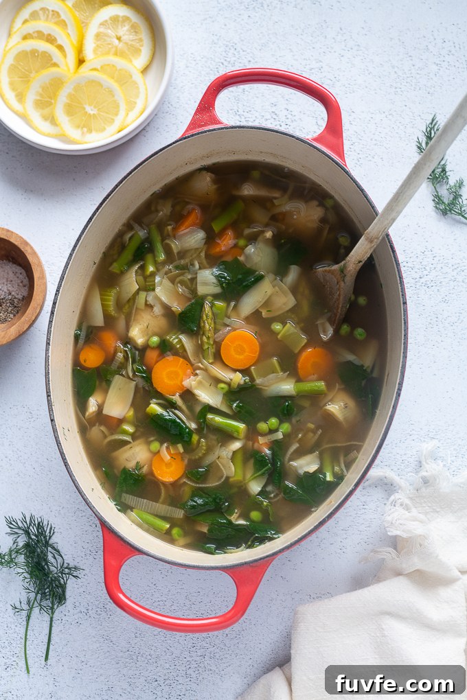 Spring Vegetable Soup Recipe with Asparagus, Peas and Mint 8 Vegan spring soup with lemon and dill.
