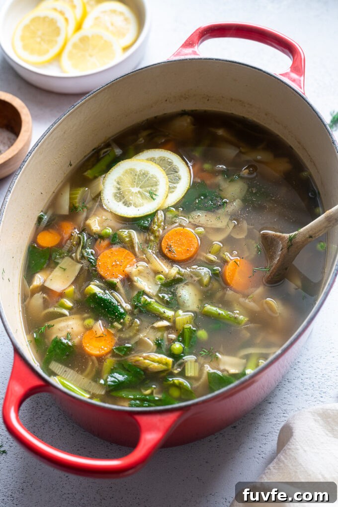 Bright Spring Vegetable Soup Recipe with Fresh Herbs 9 Vegan spring vegetable soup in a Dutch oven with lemon and dill.
