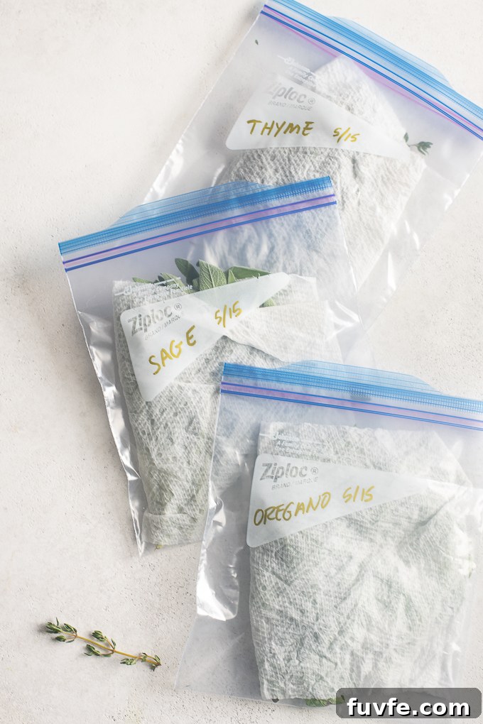 Fresh herbs in damp paper towels and zip top bags.