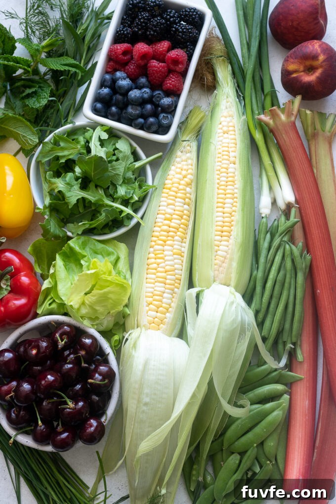 June seasonal vegetables and fruits.