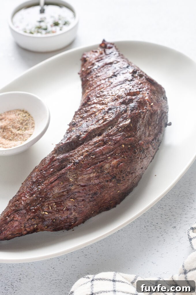 Santa Maria style grilled tri tip on a platter.