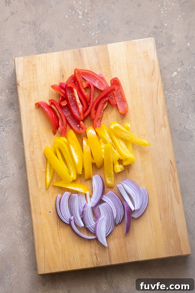 Chop the bell pepper and red onion into 1/2" thick slices.