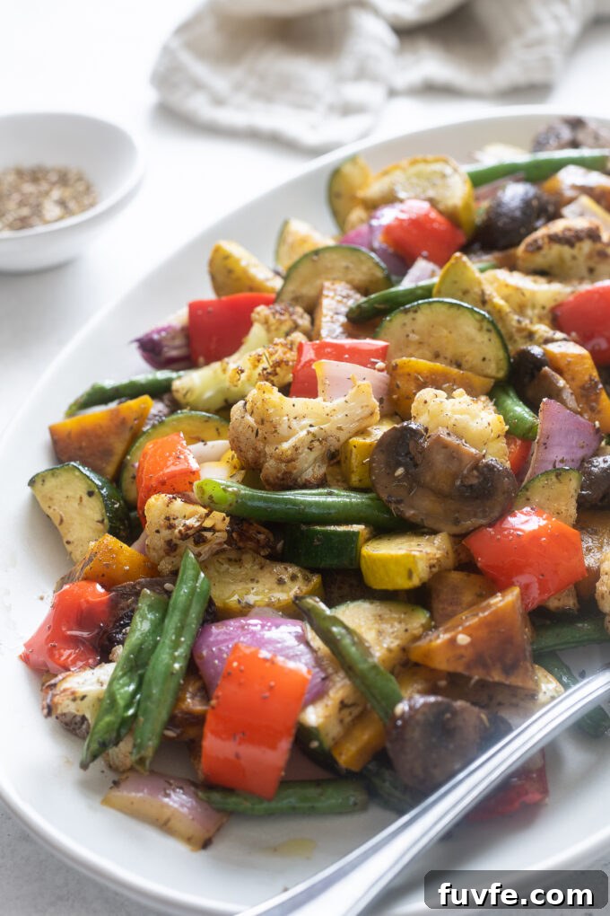 Crispy Air Fryer Roasted Vegetables 2 Air fryer roasted vegetables on a serving platter.