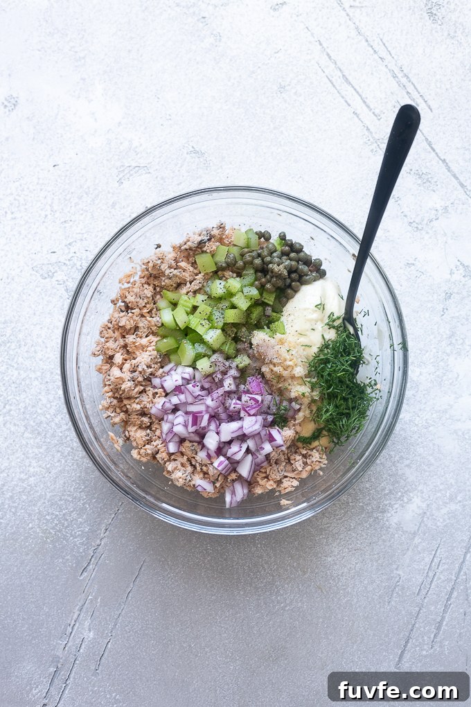 Creamy Canned Salmon Salad Recipe with Lemon and Dill 6 Salmon salad before combining.