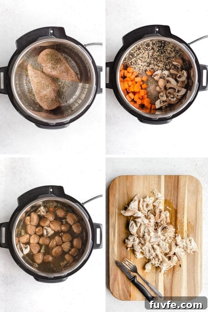 Collage of images showing soup steps and chicken shredded on a cutting board.