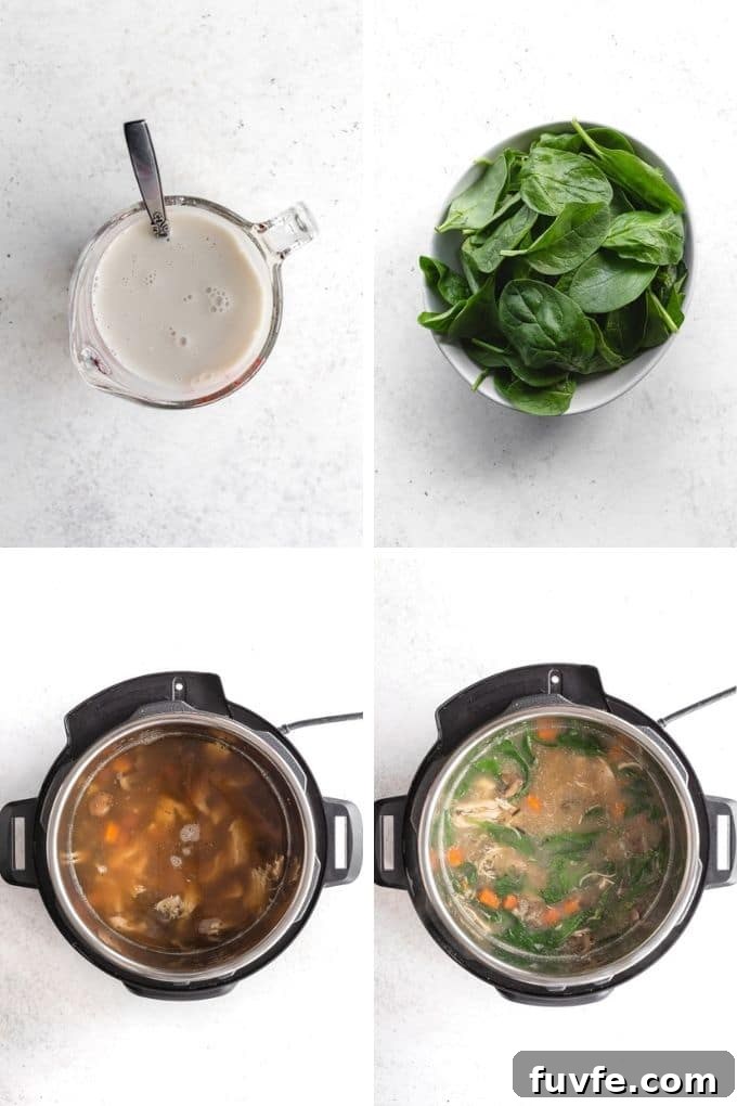 Collage showing thickener, spinach and finished soup in the Instant Pot.