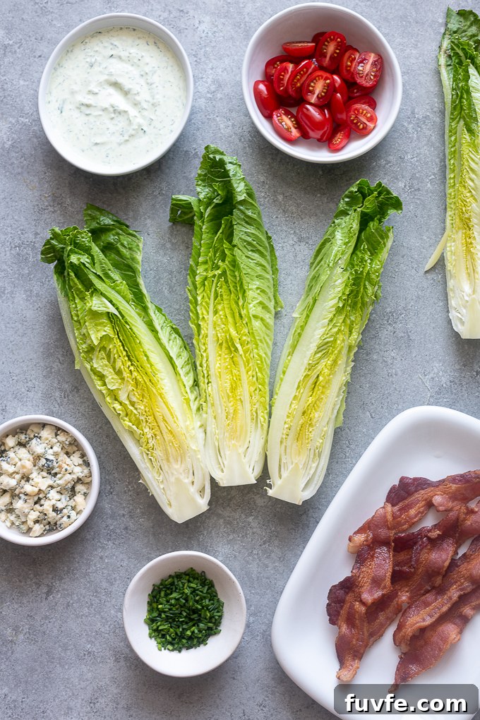 Romaine wedge salad ingredients prepped.
