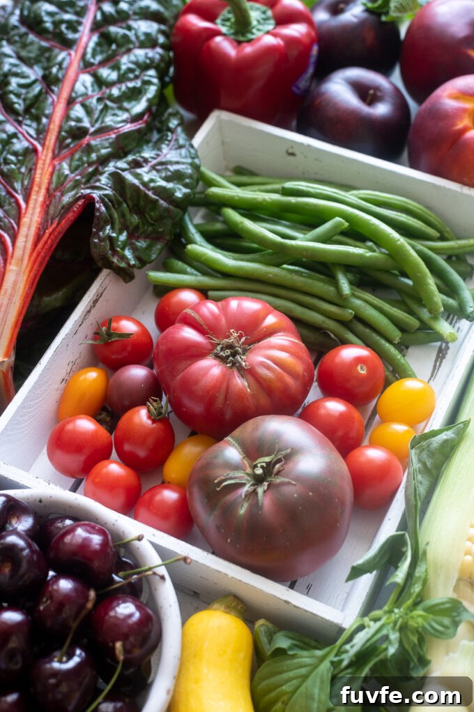 August seasonal produce including tomatoes, green beans, stone fruit and more.