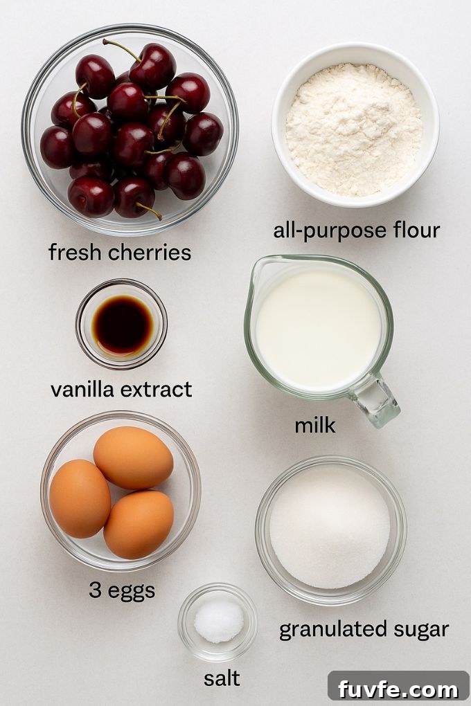 Cherry clafoutis recipe ingredients labelled.