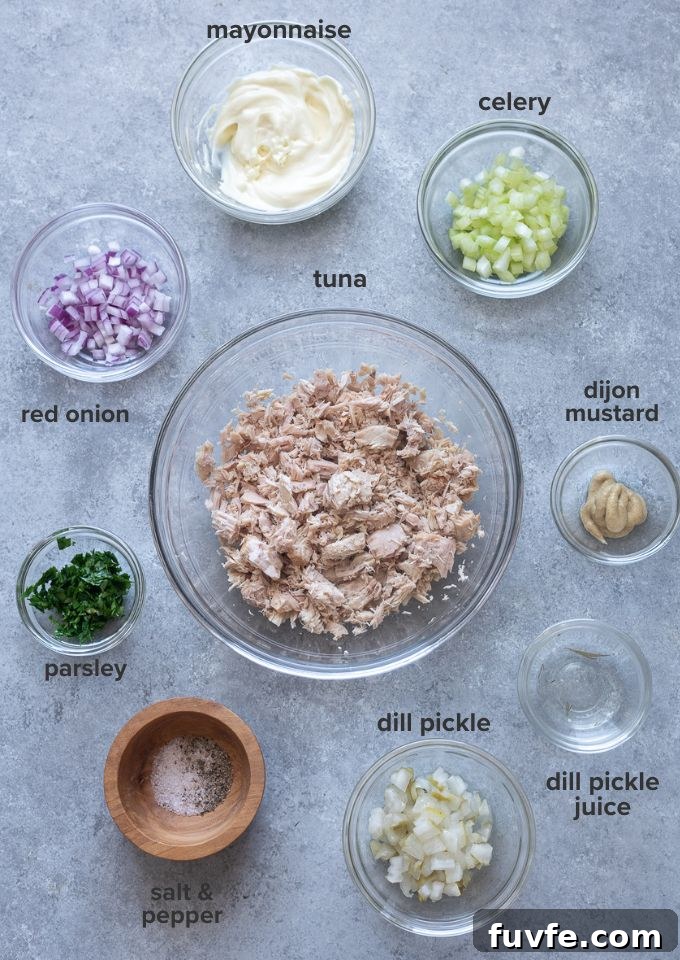 Dill pickle tuna salad recipe ingredients.
