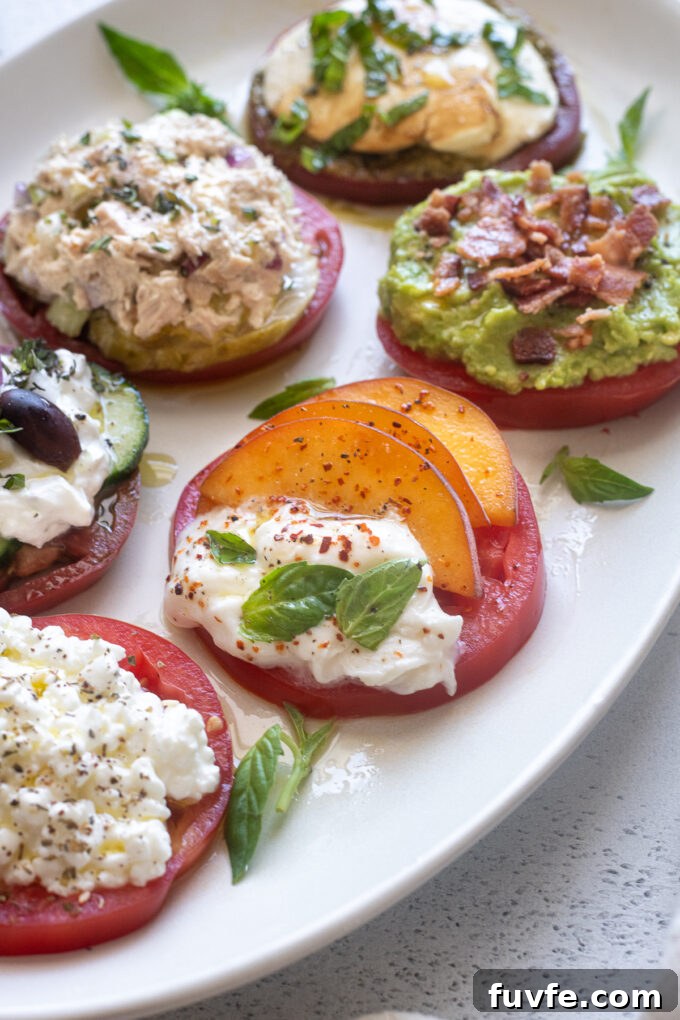 Heirloom tomato flight with peach burrata and tajin topping.