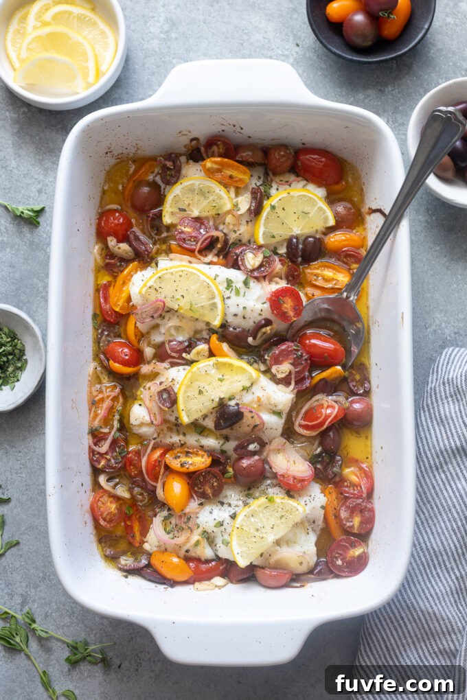 Mediterranean Baked Cod with Cherry Tomatoes, Olives and Lemon 8 Overhead shot of Mediterranean baked cod ready to serve.