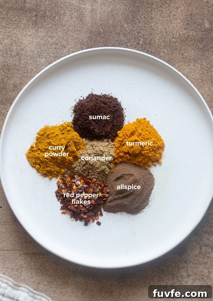 6 spices for occasional use, labelled on a plate.