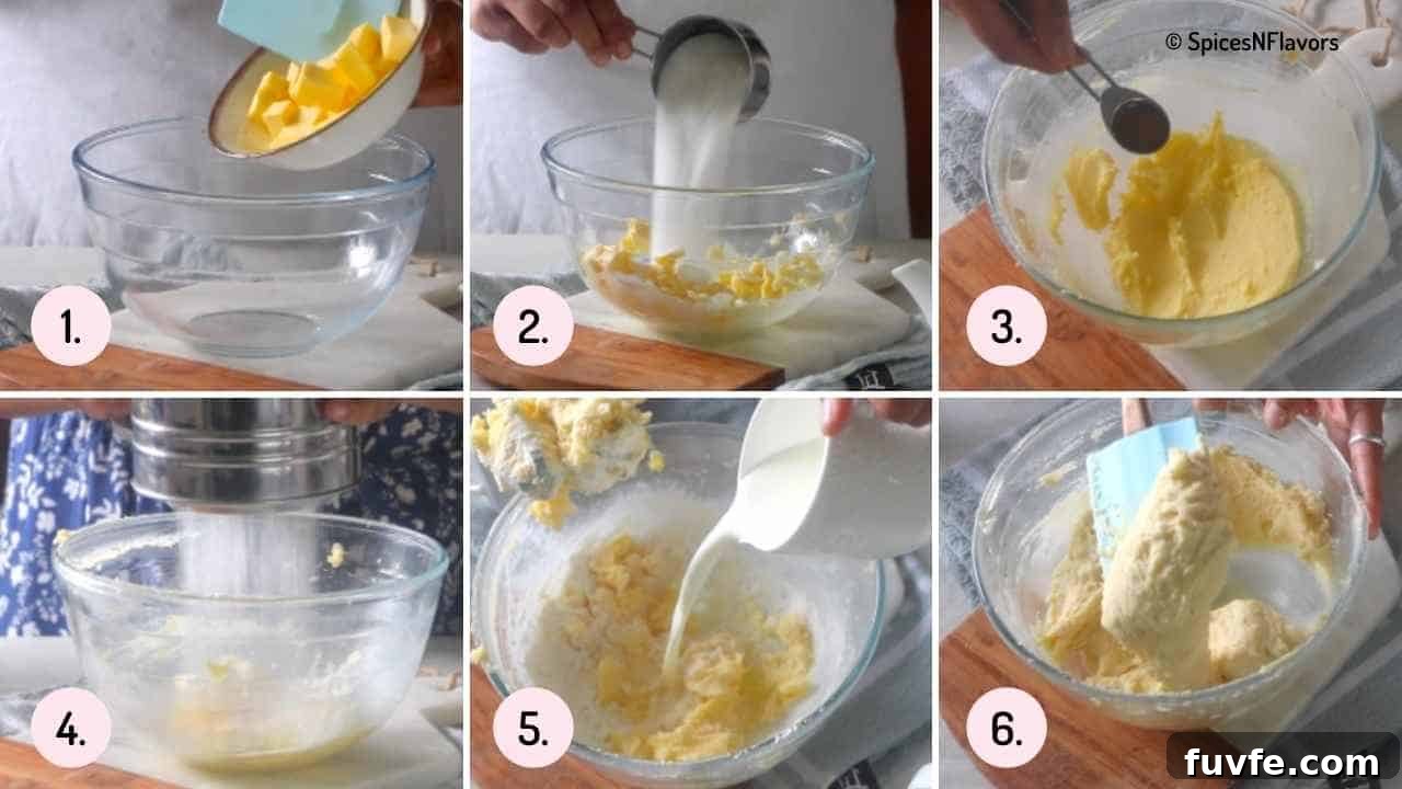 Eggless Tiramisu Recipe with Homemade Ladyfingers 5 collage of pics explaining preparing the cookie batter for eggless ladyfingers