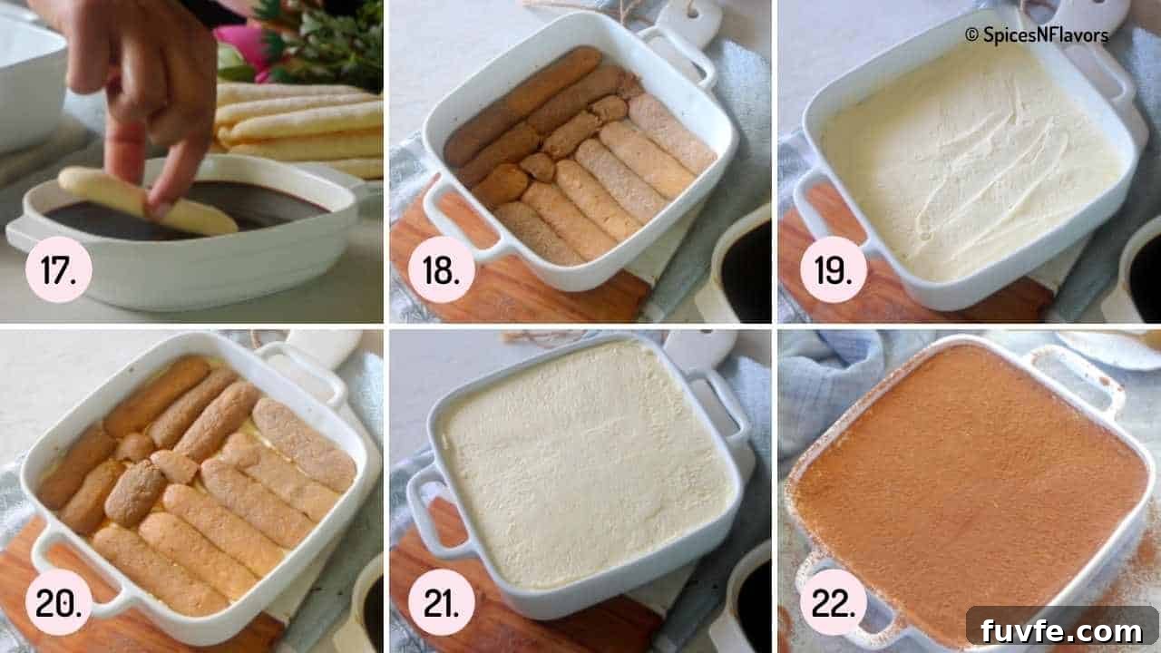 Eggless Tiramisu Recipe with Homemade Ladyfingers 8 steps explaining how to assemble eggless tiramisu