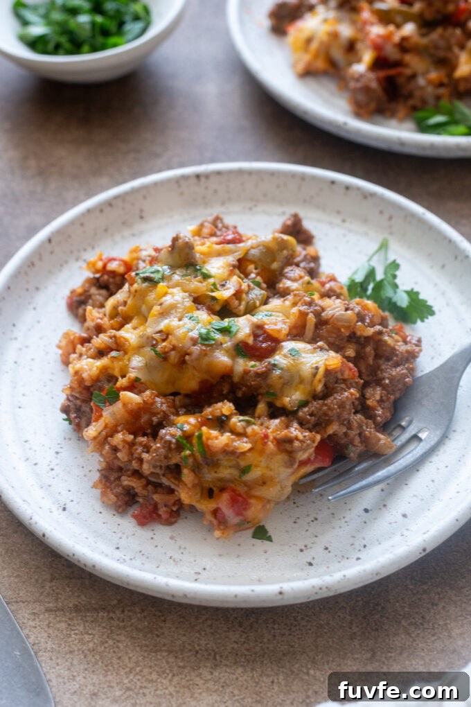 Serving of ground beef and rice casserole on a plate.
