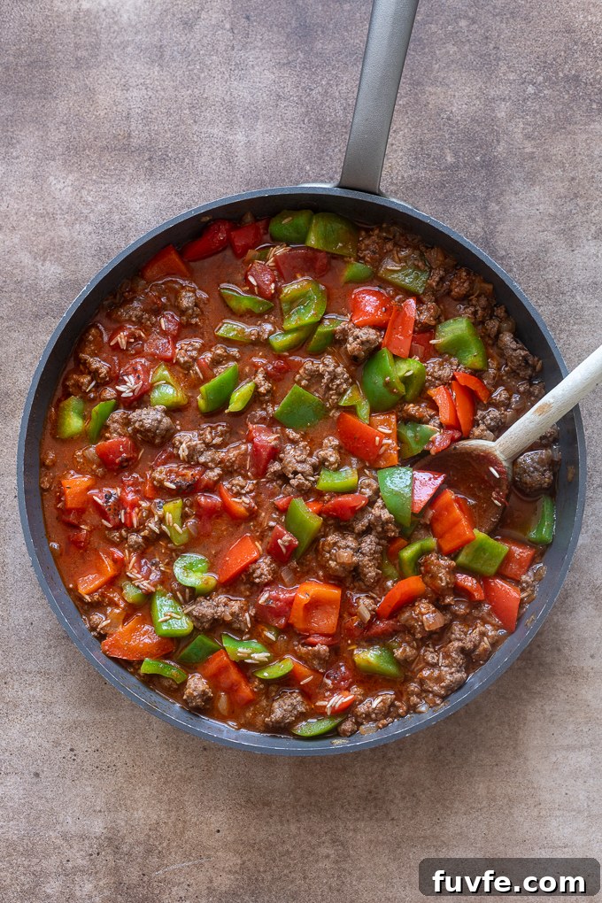 Stuffed pepper casserole before simmering.