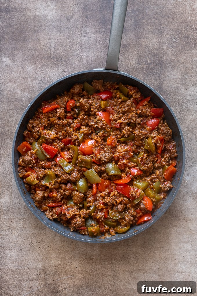 Stuffed pepper casserole before topping with cheese.