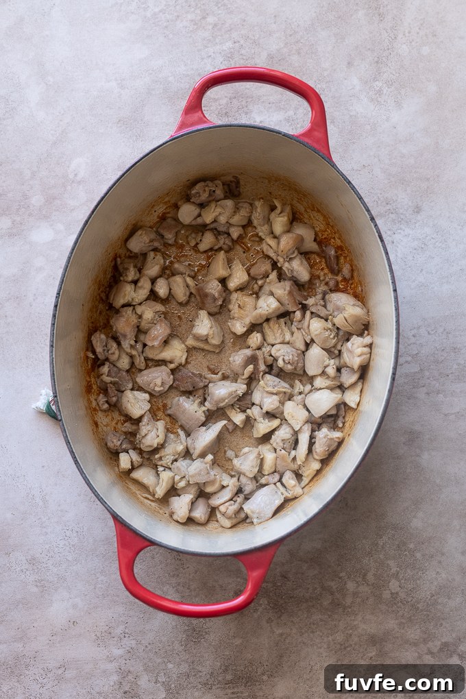Browned chicken thighs in Dutch oven for Moroccan chicken soup.