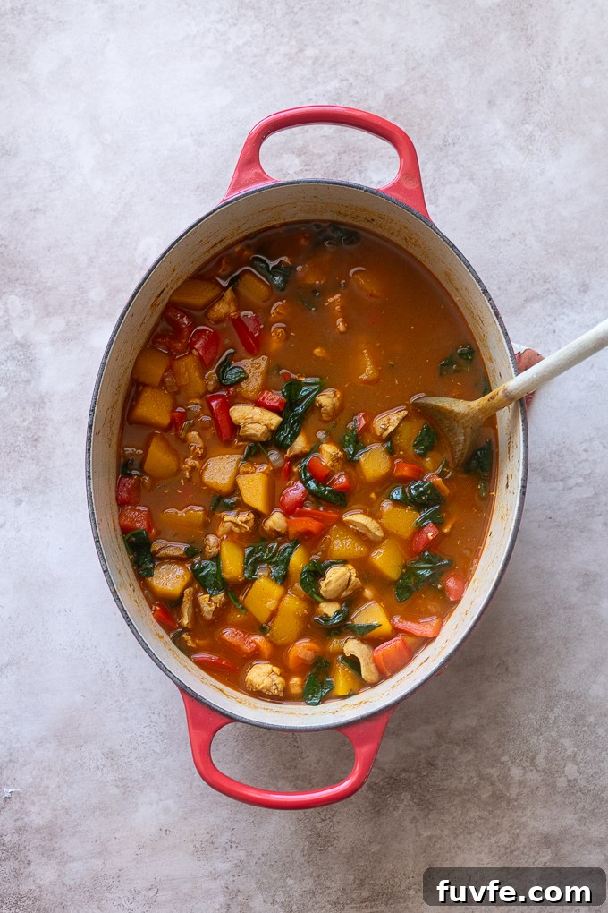 Moroccan soup with chickpeas in Dutch oven after cooking.