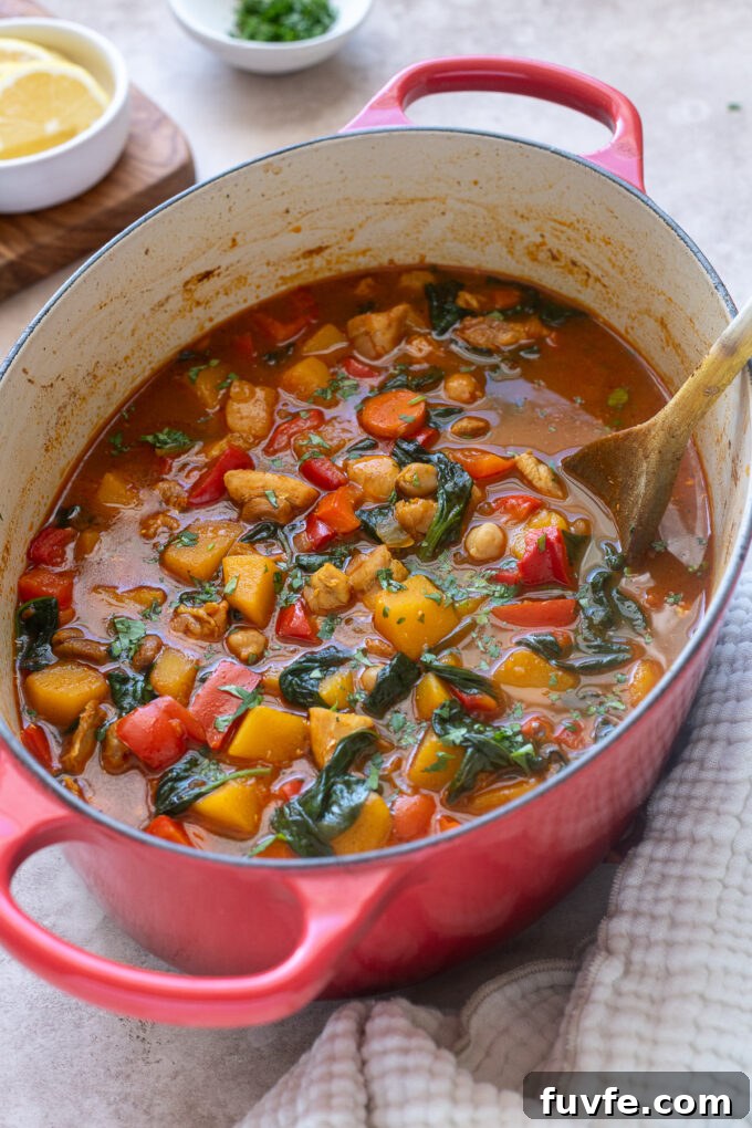 Moroccan chicken and chickpea soup in a Dutch oven.