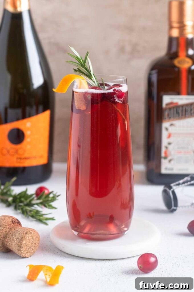 Poinsettia Cocktail Recipe: Cranberry Champagne Holiday Drink 3 Christmas champagne cocktail with orange twist garnish.